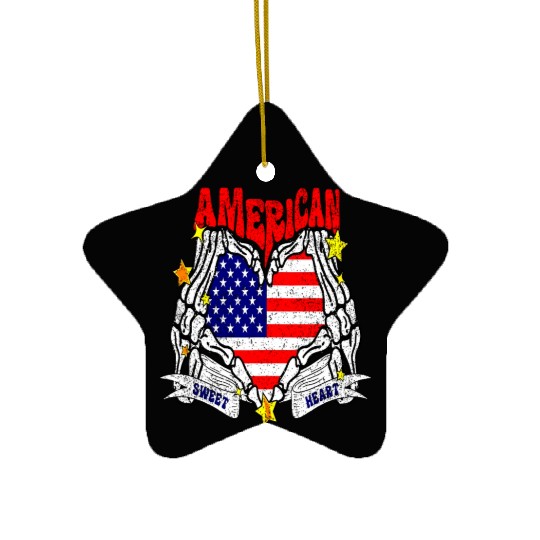 America Sweet Heart Skeleton Hands Heart Flag 4th Ceramic Ornaments