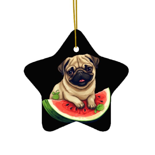 Pug with Melon, Funny Summer Design for Dog Lovers Ceramic Ornaments