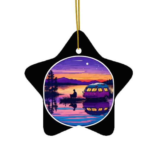 A Camper Enjoying A Peaceful Lakeside Ceramic Ornaments