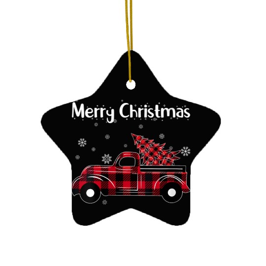 Merry Tree Wagon Buffalo Plaid Truck Ceramic Ornaments