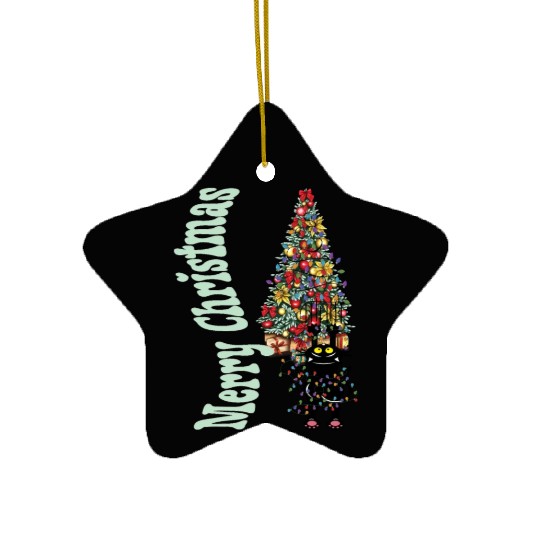 Cat Tangled In the Christmas Tree Lights Ceramic Ornaments