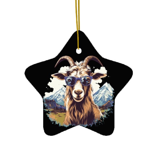 A goat with sunglasses in the mountains Ceramic Ornaments