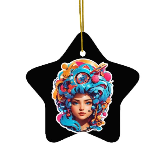 Psychedelic girl with multi color hair. futuristic Ceramic Ornaments