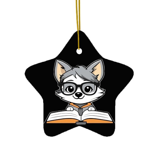 Little Wolf Reading A Book Ceramic Ornaments