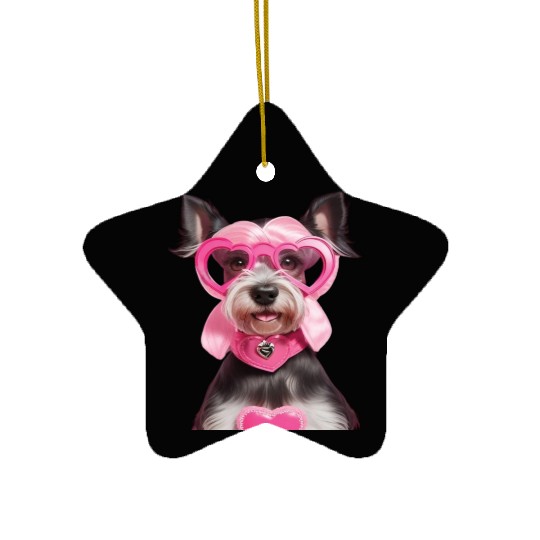 Schnauzer wearing Pink & Silver Heart Ceramic Ornaments