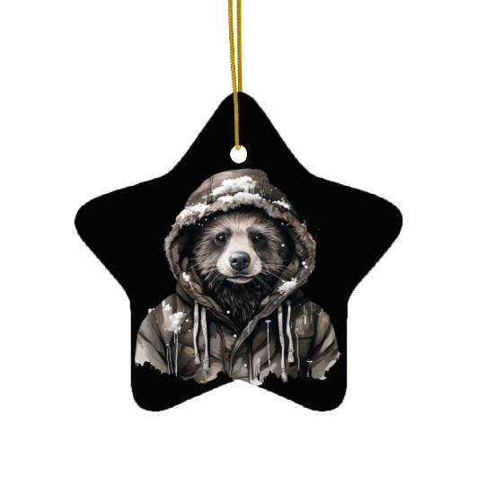 Cozy winter panda bear in coat with snow flakes Ceramic Ornaments
