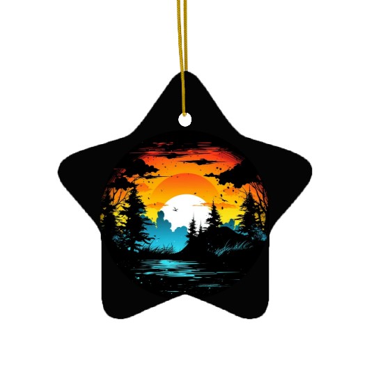 Riverside Twilight in the Forest Ceramic Ornaments