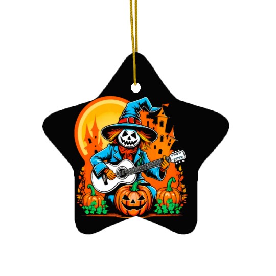 Happy Halloween scarecrow plays guitar Ceramic Ornaments