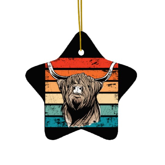 Retro Scottish Highland Cow Outfit Ceramic Ornaments