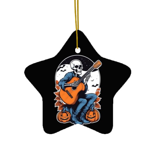 A skeleton playing guitar with halloween pumpkin Ceramic Ornaments