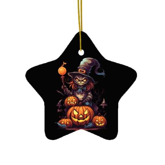 Enchanted Harvest: Witch's Delight amidst Pumpkins Ceramic Ornaments
