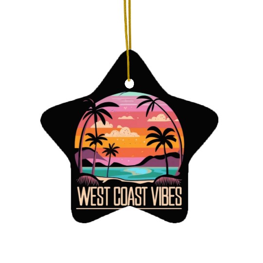 Tranquil beach at sunset West Coast Vibes Ceramic Ornaments