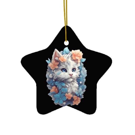 Cute Cat Watercolor Painting with Floral Splash Ceramic Ornaments