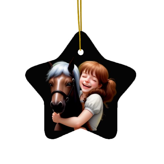 Little Girl Hugs Her Pony Ceramic Ornaments