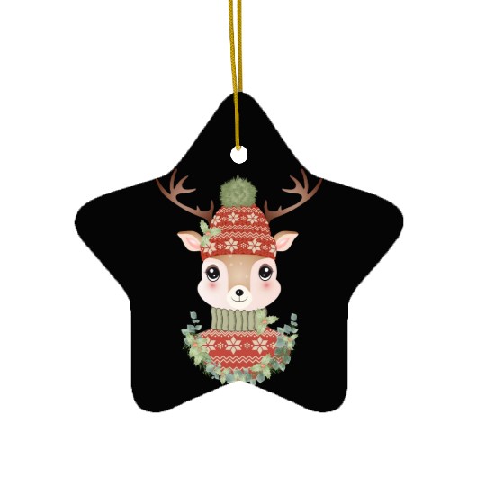 cute deer with sweater and Christmas wreath Ceramic Ornaments