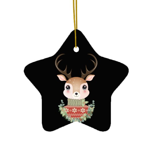 cute deer with sweater and Christmas wreath Ceramic Ornaments