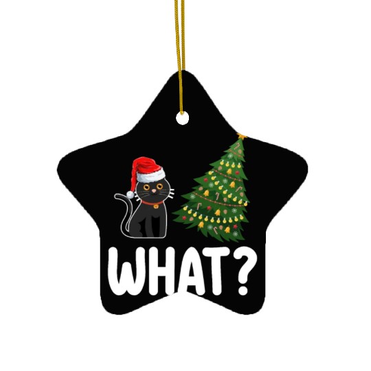 Black Cat What Pushing Christmas Tree Funny Ceramic Ornaments