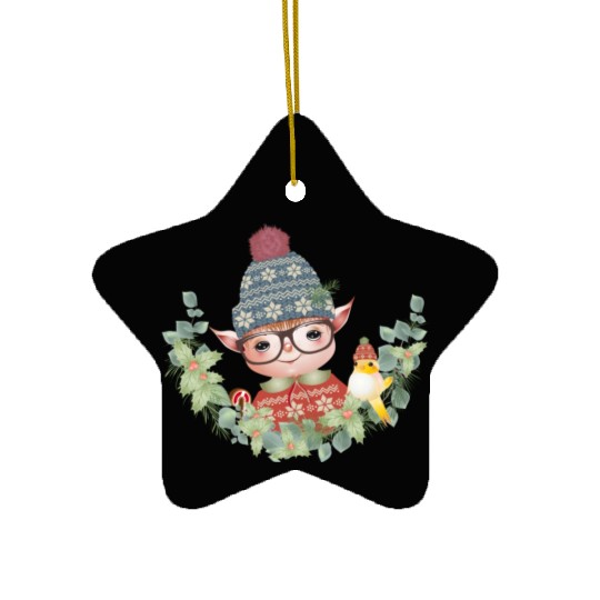 magical sweet Christmas elf with bird Ceramic Ornaments
