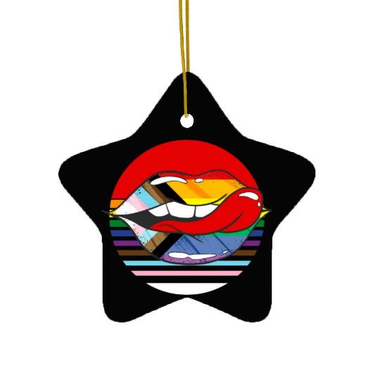 Retro Progress Pride Flag LGBTQ Rainbow Lips Ceramic Ornaments