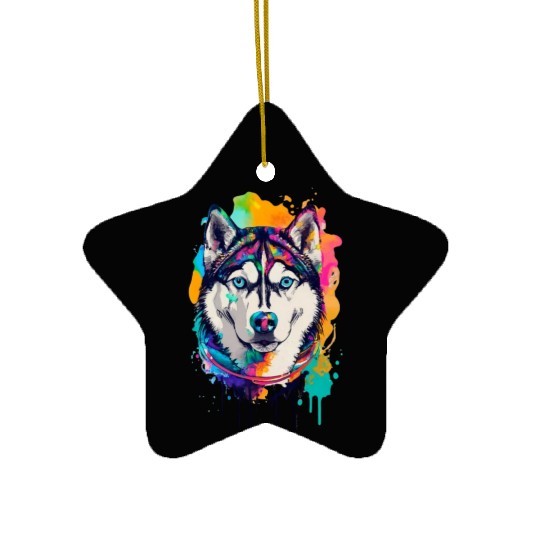 husky dog ink drawing Ceramic Ornaments