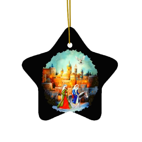 Mary and Joseph in Bethlehem with donkey Ceramic Ornaments