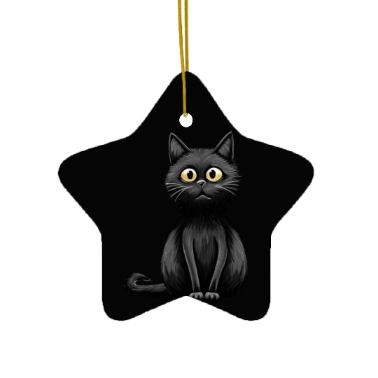 A midnight-colored cat with captivating amber eyes Ceramic Ornaments