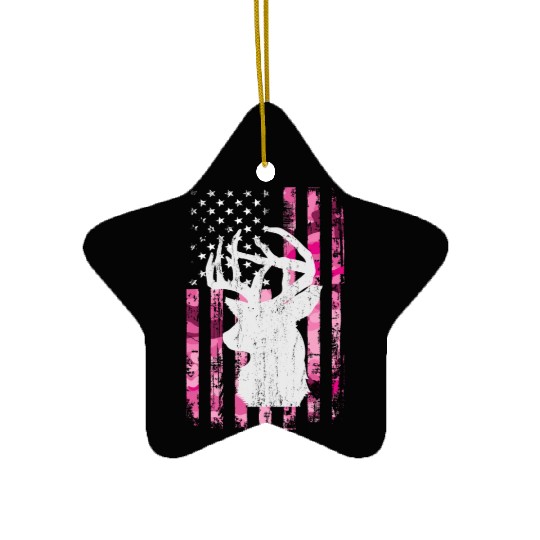 Deer Hunting Camo Pink Camouflage American Flag Ceramic Ornaments