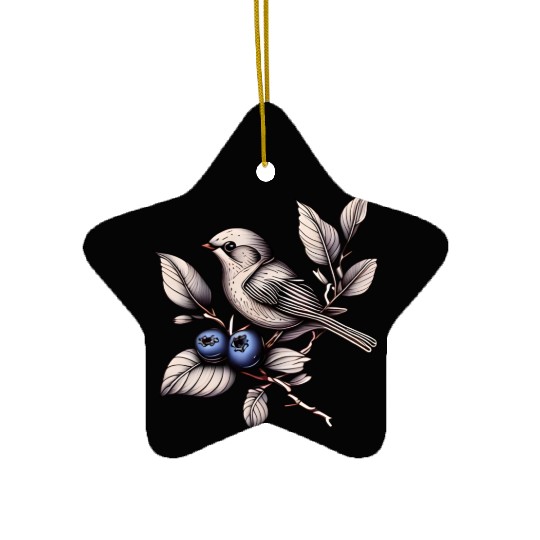 Bird on a Blueberry Branch Ceramic Ornaments