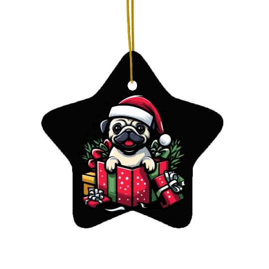 Pug In Present Dog Christmas Festive Santa Hat Ceramic Ornaments