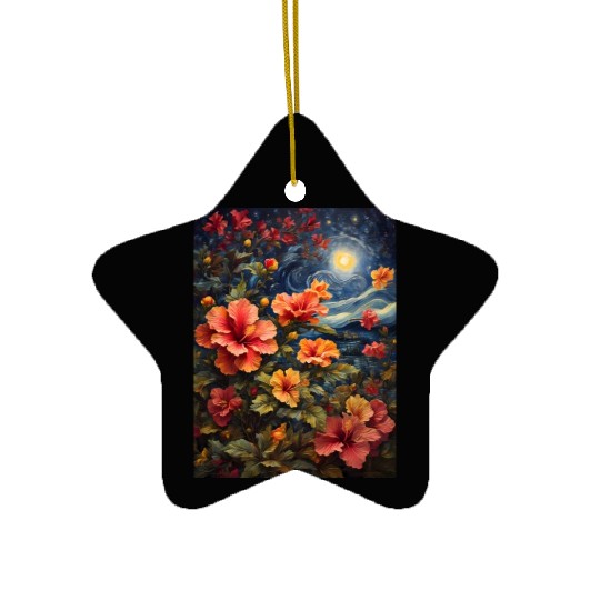 Colorful Hibiscus Under Starry Night Sky Ceramic Ornaments