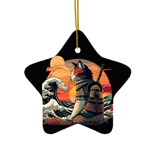 Samurai Cat vs The Great Wave Ceramic Ornaments
