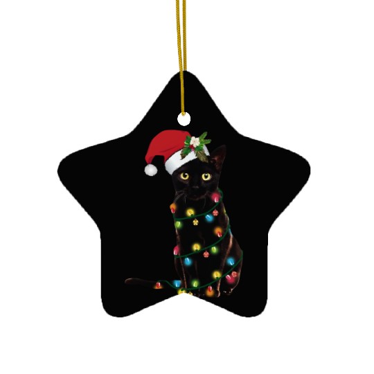 Santa Black Cat Tangled Sup In Christmas Ceramic Ornaments