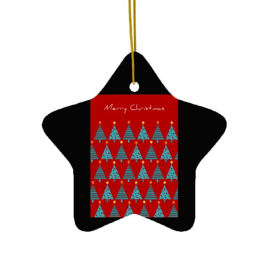 Merry Christmas Teal Christmas Trees on Red Ceramic Ornaments