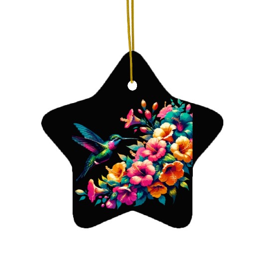 Hummingbird and Hibiscus Blossom Art Ceramic Ornaments