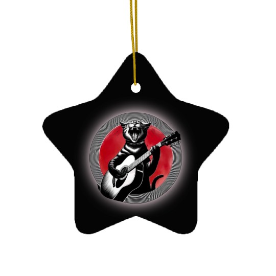 Rock Cat Playing Guitar Ceramic Ornaments under the red moon