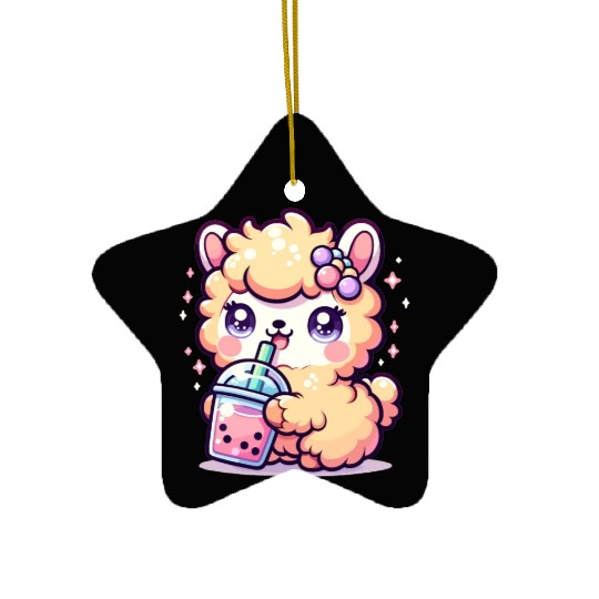 Kawaii Llama Sips Bubble Tea Cute Llama Boba Tea Ceramic Ornaments