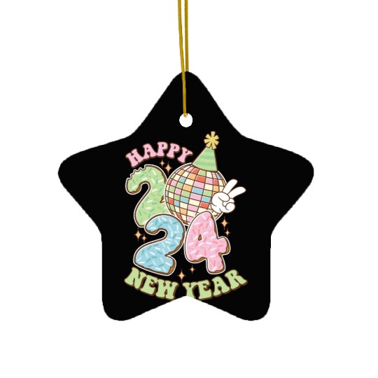Happy New Year 2024 disco ball party Ceramic Ornaments