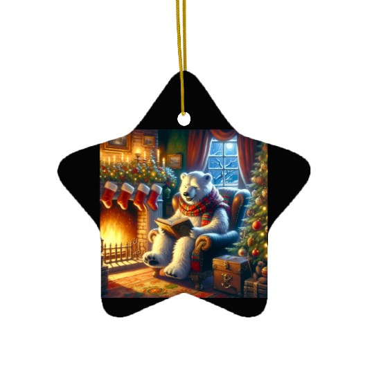 Winter Tales-Merry Cozy Bear Reading by Fireplace Ceramic Ornaments