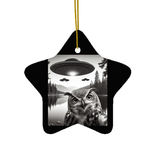 Funny Graphic Owl With UFOs Weird Ceramic Ornaments