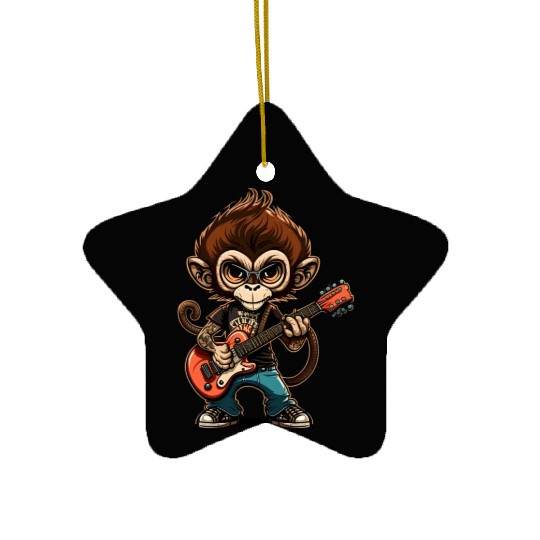 Monkey Chimpanzee Playing Acousitc Rock Guitar Ceramic Ornaments