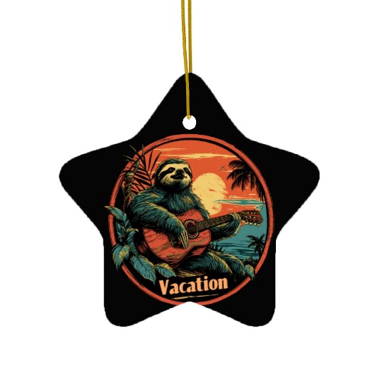 Tropical Sloth Guitar Vacation Sunset Beach Ceramic Ornaments