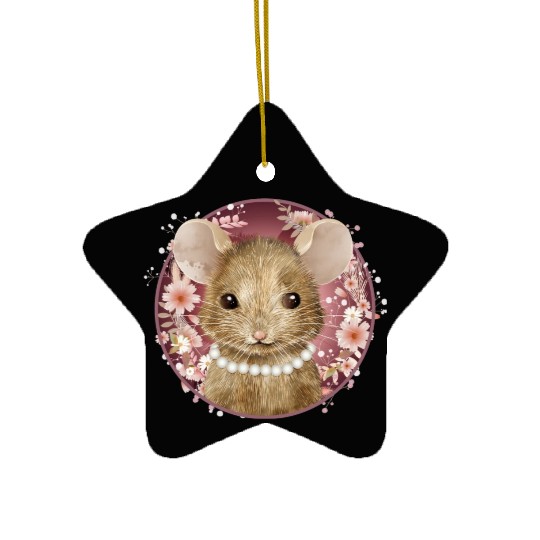 Mouse girl with pearls in floral pink frame Ceramic Ornaments