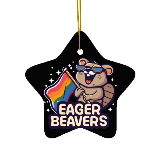Eager Beavers with Pride LGBT Flag Ceramic Ornaments