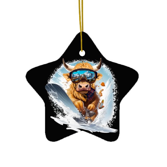 Winter sports, Highland Cow Snowboarding Ceramic Ornaments