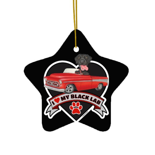 Cute black lab in classic truck inside a heart Ceramic Ornaments