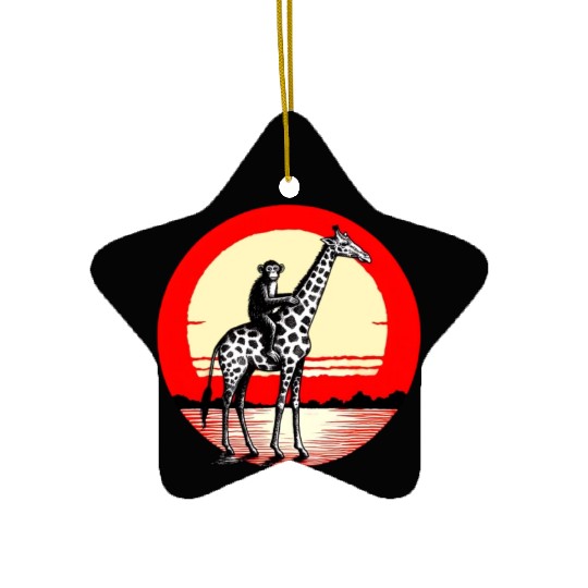 Sunset Safari: Monkey Riding Giraffe Ceramic Ornaments
