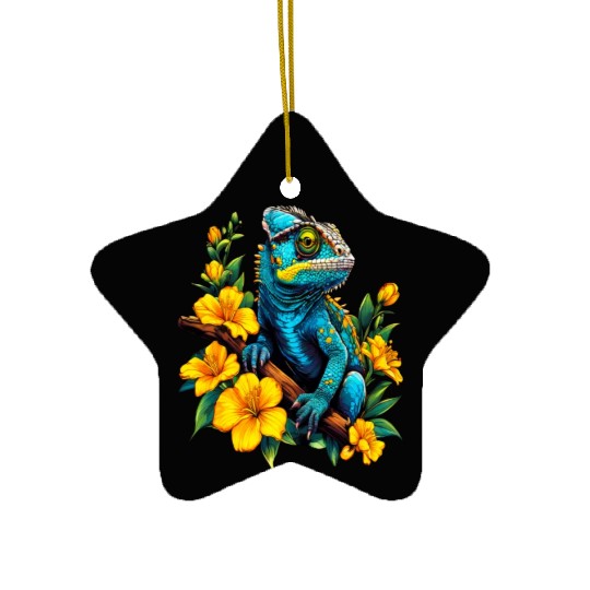 Chameleon on a Branch Surrounded by Flowers Ceramic Ornaments