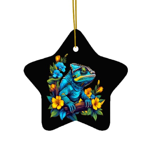 Chameleon Sitting on Branch Surrounded by Flowers Ceramic Ornaments