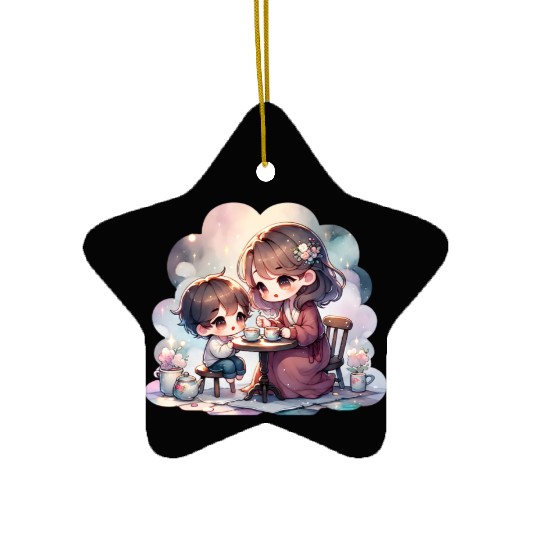 Mother and Son Enjoying a Cozy Tea Party Ceramic Ornaments