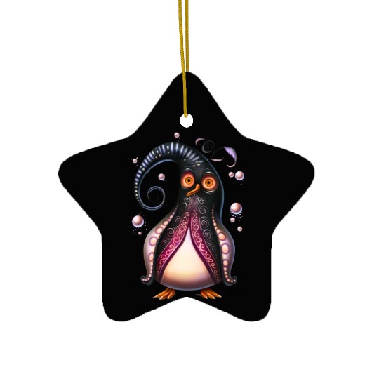 Surreal Swirls: Quirky Penguin in a Magical World Ceramic Ornaments